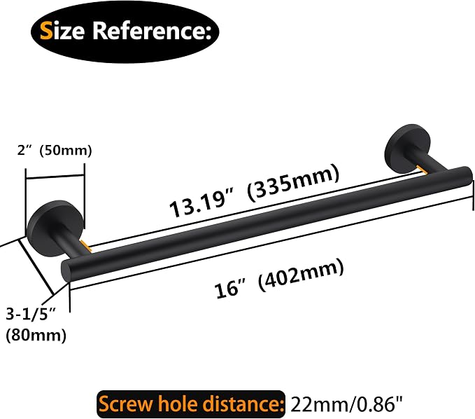 Nolimas Matte Black Bath Towel Bar Single Bars Towel Rack Rod Classic Wall Mounted SUS304 Stainless Steel Bathroom Towel Holder Toilet Kitchen Towel Shelf Single Layer,16 inches