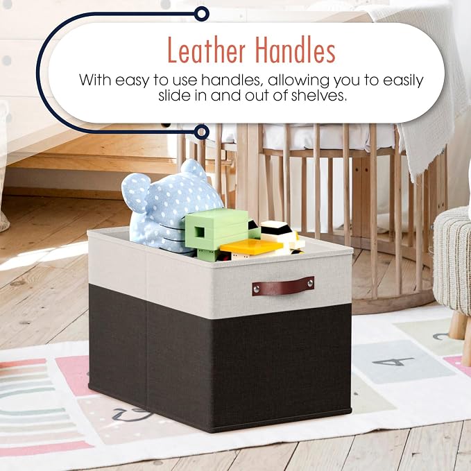 Ornavo Home 13x15x13 Foldable Fabric Storage Cube Bins, 6 Pack, White/Black | Collapsible Linen Shelf Basket Organizer; Leather Handles; Fits Cube Storage Shelving Units
