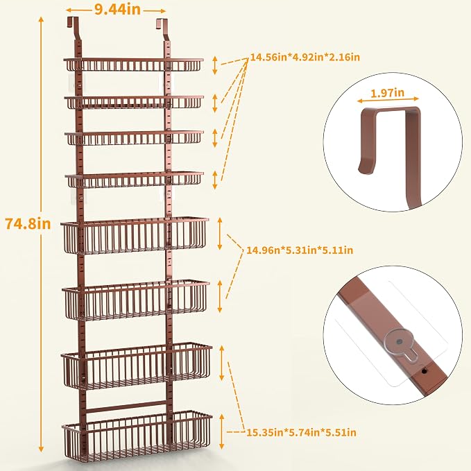 Moforoco Over The Door Pantry Organizer, Pantry Door Organizer Shelves, Kitchen Organizers and Storage, Hanging Basket Wall Spice Rack Seasoning Shelves, Laundry Room Bathroom accessories（Brown ）