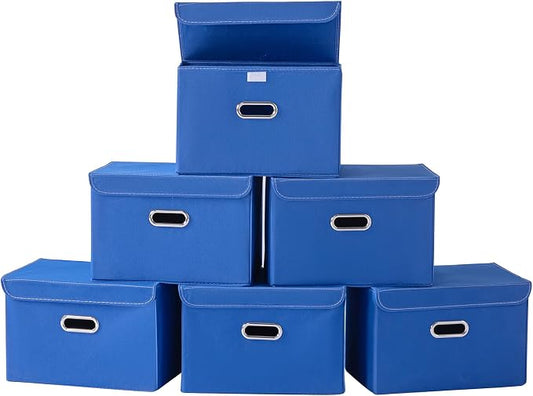 STOREONE Fabric Storage Cube Bins Foldable Organizer Container Collapsible Basket with Lids and Metal Handles, for Home, Bedroom, Closet 6 Pcs (Dark Blue)