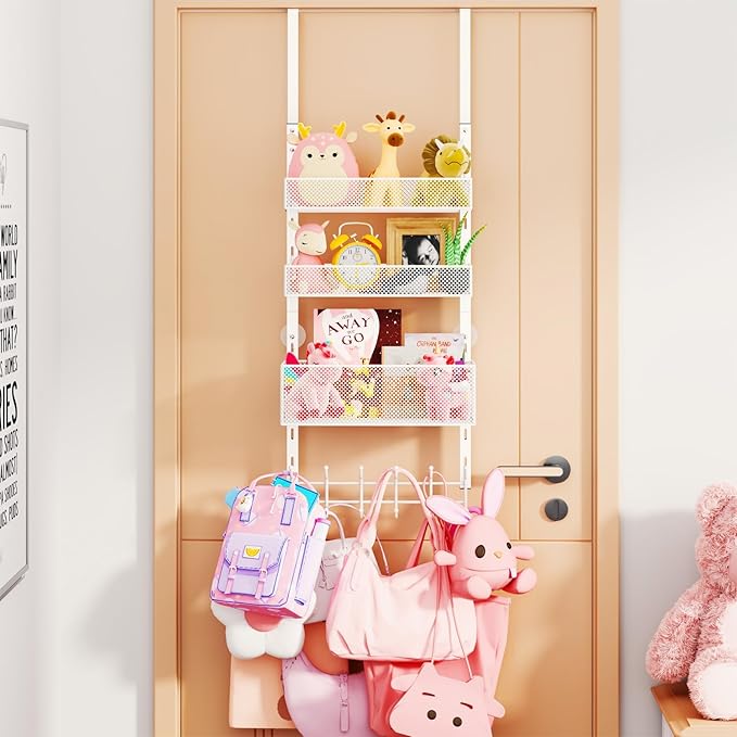 Consumest Over The Door Hooks Organizer - 4 Tier Door Coat Rack with 3 Baskets & 12 Hooks, Stainless Steel Towel Hanger for Bedroom, Bathroom, Living Room, White