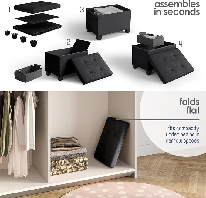 Storage Ottoman Cube with Small Bin, 16-in Square Ottoman with Storage for Living Room and Bedroom, Small Ottomans Foot Rest, Fabric Foot Stools Ottomans Max 330lbs, Black