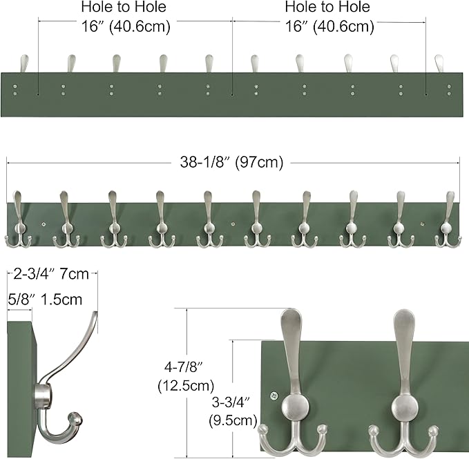 SKOLOO Creations Forest Green Solid Wood Wall Mounted Coat Rack, 10 Hooks, 38-1/8" Long - Kitchen, Mudroom, Entryway, Bathroom - Includes Mounting Hardware, Wall Coat Hanger, Towel Rack