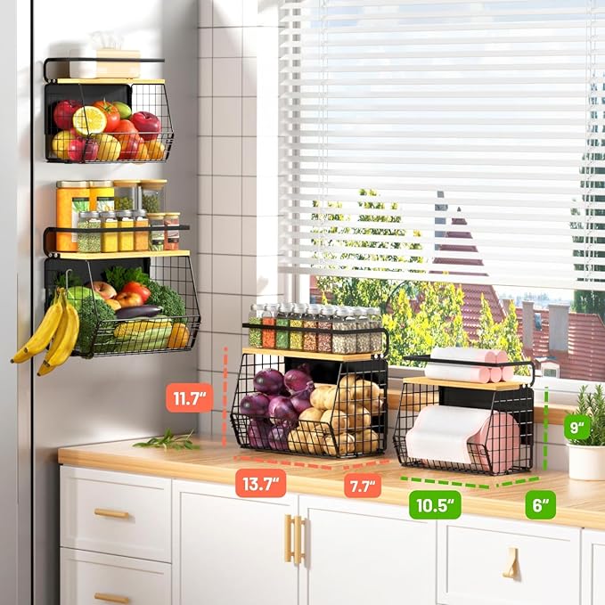 Magnetic Shelf for Fridge with Wood Lid, Fruit Potato and Onion Storage Bins, Pantry Organizers & Storage, Large Container Magnetic Spice Rack for Refrigerator, Kitchen Counter (Black, 2)