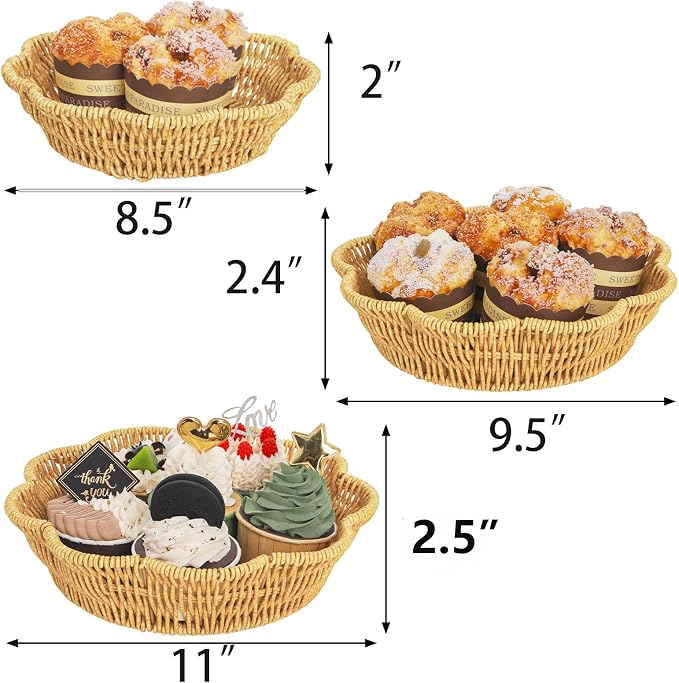 Jucoan 3 Pack Poly Wicker Bread Baskets, Imitation Rattan Fruit Baskets, Hand Woven Round Scalloped Tabletop Food Serving Basket Tray for Fruits, Vegetables and Snacks, Home Kitchen Bakery