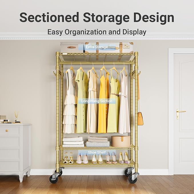 VIPEK R3 Portable Closet for Hanging Clothes Rolling Clothes Rack | Lockable Silent Wheels, Adjustable Wire Shelving, Metal Side Hooks, Load 374lbs, Space-Saving Storage for Apartment, Gold