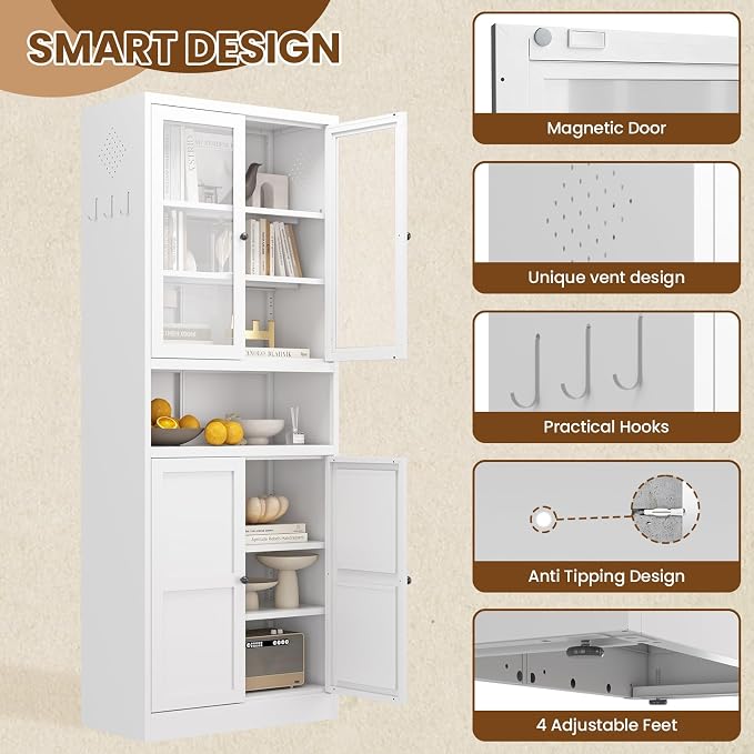Metal Pantry Cabinet, 72" Kitchen Pantry Cabinet with 2 Doors and 4 Adjustable Shelves, White Steel Storage Cupboard for Dining, Office, Living Room, Bathroom