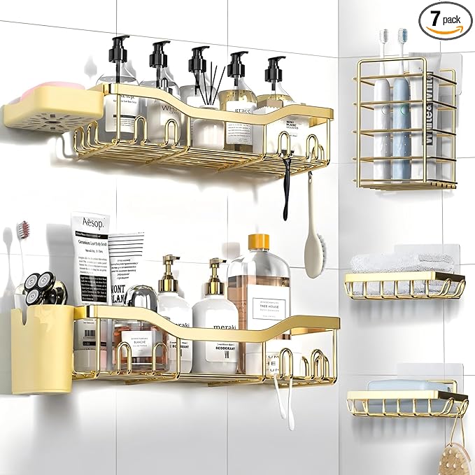 NESOMI Shower Caddy Adhesive Shower Organizer 7-Pack, Rustproof Stainless Steel Bathroom Shelves, Large Capacity No-Drill Rack Storage Accessories with Soap Dish Toothbrush Holder Hooks