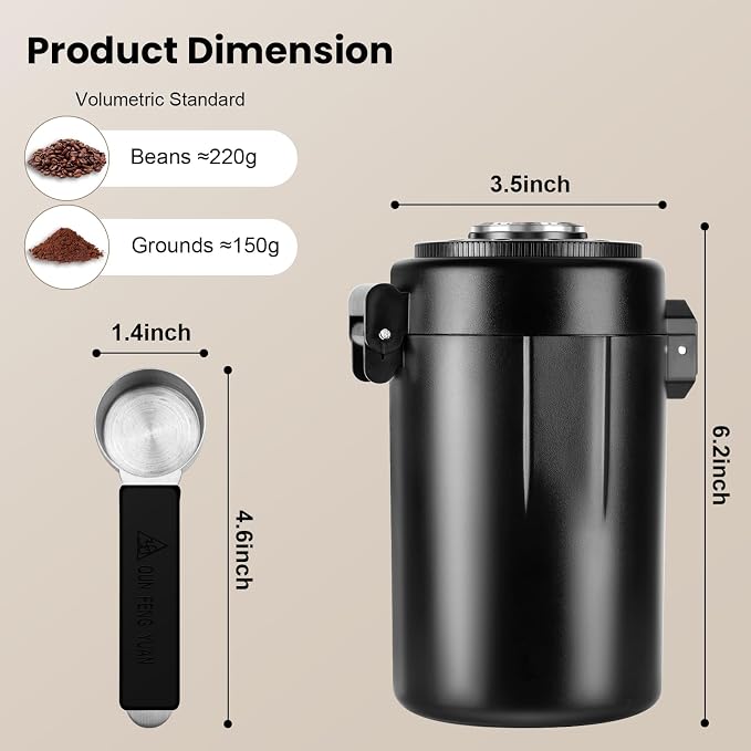 Coffee Canister with Humidity Meter, Airtight Stainless Steel Food Storage Container with Lids,Date Tracker,Venting Valve and Magnetic Scoop for Grounds Coffee,Beans,Tea,Flour,Cereal,Jars,16OZ,Black