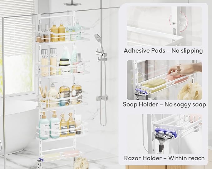 SWTYMIKI Over the Door Shower Caddy - 5 Tier Adjustable Shower Organizer Hanging with Soap Holder, No Drilling Stainless Steel Bathroom Rack Hanging for Body Wash, Shampoo, Soap, Razor, White