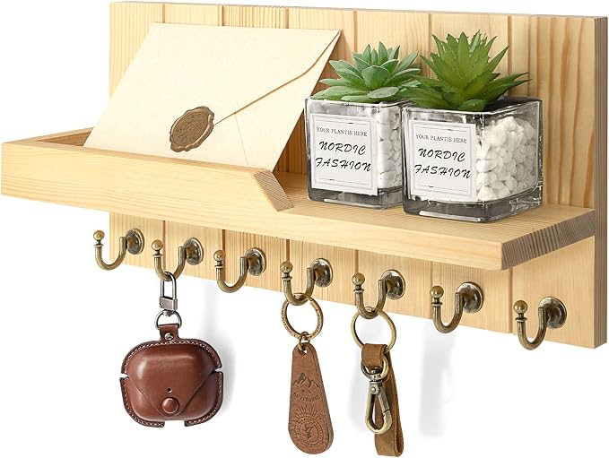 Rebee Vision Key Holder Wall Mount with Shelf for Entryway, Original Wood | Pine Wood, Farmhouse Key Holder for Wall, Floating Shelf for Plants, Key Hanger for Apartment Essential, Room Decor Accent