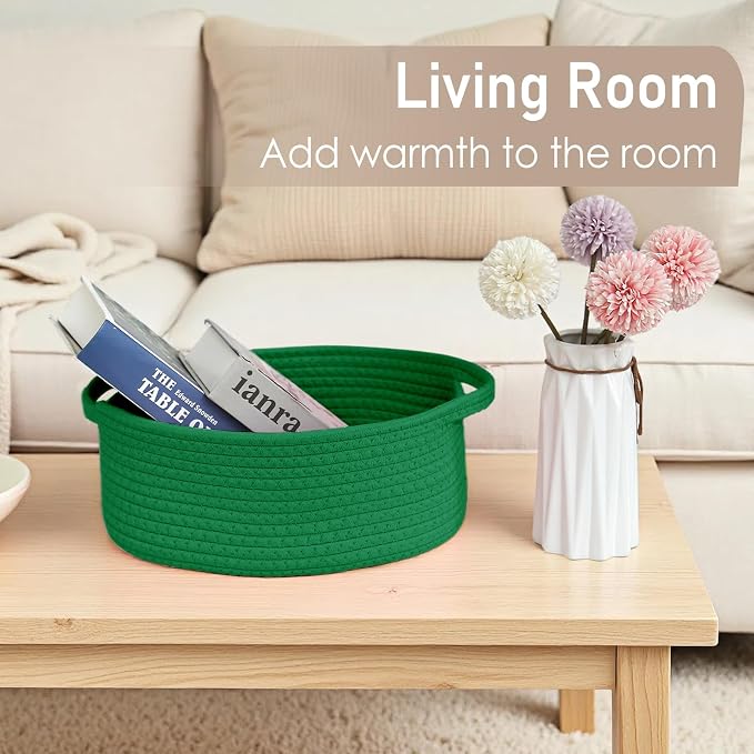 JMvicyroam Small Woven Basket, Empty Gift Basket, Green/1 Pack | Small Gift Basket, Cotton Rope, 12 x 8 x 18 in, Handles, Includes Ribbon and Bag, Birthday Gift Basket