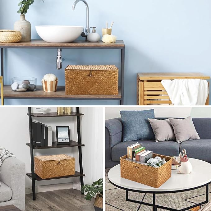 Hipiwe Wicker Shelf Baskets Bin with Lid Handwoven Storage Basket, X-Large | Rectangular Basekts Bins Natural Seagrass Household Basket Boxes for Shelf Wardrobe Home Organizer, Caramel