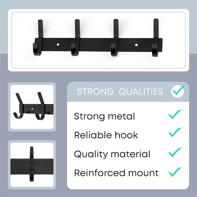 Coat Rack Wall Mount – 12 Inch Stainless Steel Hook Rail with 4 Double Coat Hooks for Hanging – Wall Mounted Entryway Organizer for Coats, Hats, Bags, Towels, Robes, Closet or Bathroom - Black