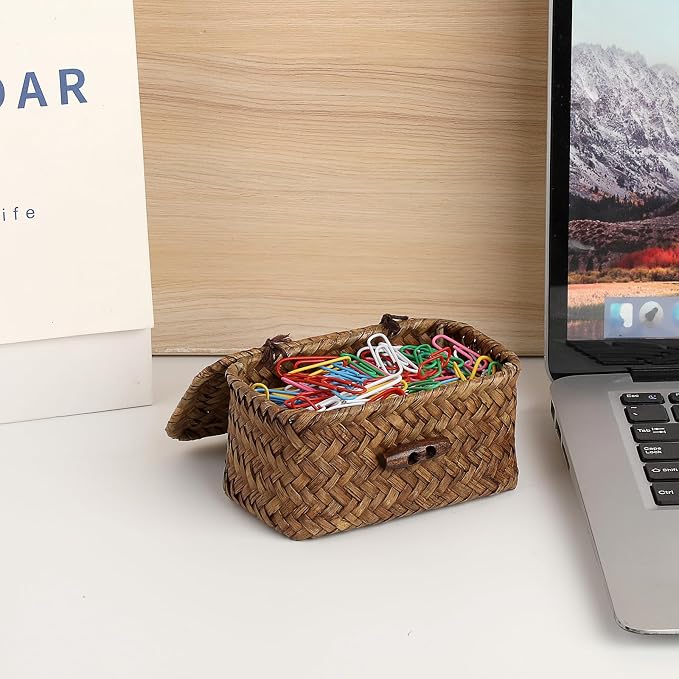 Mini Wicker Basket with Lid, Seagrass Organizer, 4.3"x2.5"x2.1" | Small Wicker Storage Basket Natural Decorative Box for Shelf, Bathroom, Home Decor