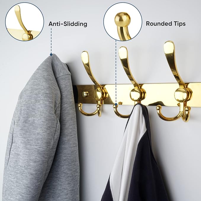 TICONN Wall Mounted Coat Rack, Five Heavy Duty Tri Hooks All Metal Construction for Jacket Coat Hat in Mudroom Entryway (Gold, 1-Pack)