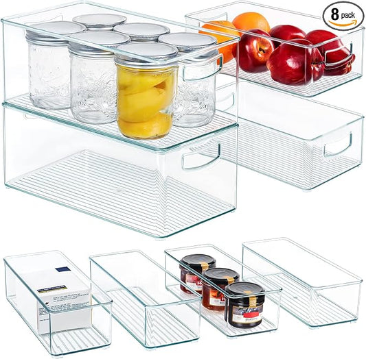 Hudgan 8 PACK Stackable Pantry Organizer Bins (3 Size) - Clear Fridge Organizer for Kitchen, Freezer, Refrigerator, Cabinet - Plastic Storage Container with Handle for Home