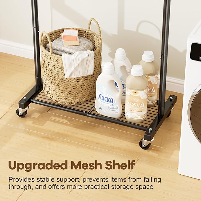 MISSLO Heavy Duty Clothes Racks for Hanging Clothes 25mm Metal Clothing Rack with Shelves for Storage Rolling Garment Rack with Wheels for Bedroom, Laundry, Black, 28" x 15.5" x 60"