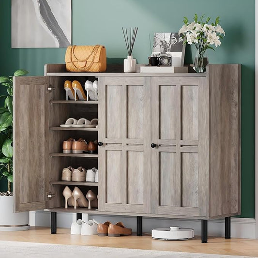 Shoe Storage Cabinet with 3 Doors, 8-Tier Shoe Cabinet with 5 Adjustable Shelves and Metal Legs, 40'' Tall Shoe Rack Organizer Cabinet for Entryway, Front Door, Gray Wash