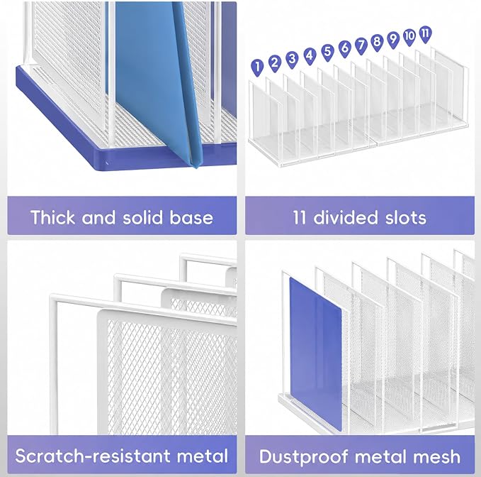 File Organizer for Desk, 11-Section Vertical File Sorter, Paper Holder Organizer Standing Metal File Folder for Office Home Classroom, White