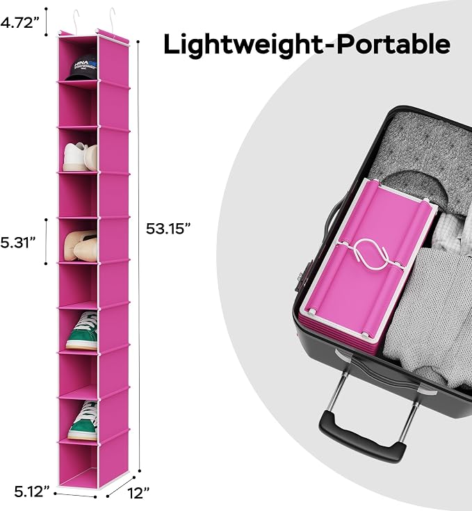 MAX Houser 10 Tier Slim Hanging Shoe Organizer, Narrow Closet Hanging Storage Shelf, Pink