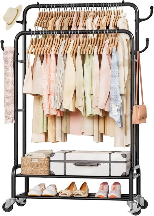 Homde Sturdy Garment Rack for Bedroom: 265 lbs Heavy Duty Clothes Organizer | 2 Hanging Rods Hold Coat to T-Shirt - Easy Roll & Park on Wheels - Metal Frame Stays Solid & Stable at Full Load