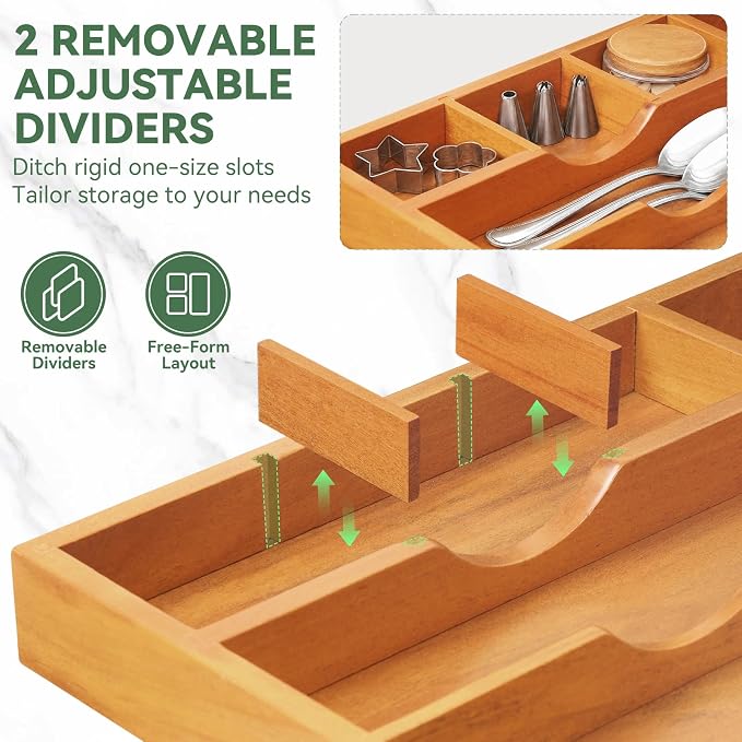 Teak Silverware Organizer For Drawer, Flatware Silverware Storage Tray | 2 Removable Drawer Dividers | Space-Saving Storage for Spoons Forks Knives | Fits 16 in drawers | (7 slots)