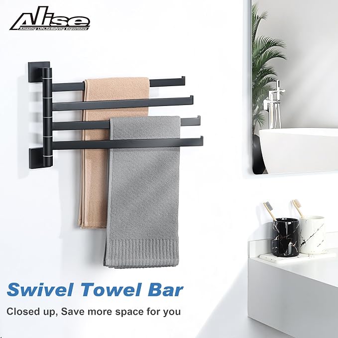 Alise 4 Arm Swivel Towel Rack, Matte Black Swivel Out Towel Bar, 13.6 Inch | Space Saving Swing Arm Towel Rack for Bathroom Kitchen Outdoor, 180° Rotating, SUS304 Stainless Steel