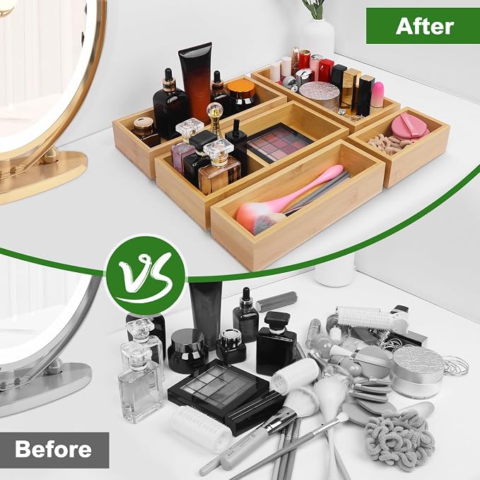 MapleGrace Bamboo Drawer Organizer Set, Individual Wood Storage Organizers | 5 PCS Multi-Use Junk Drawer Divider, Storage Trays Containers for Kitchen, Bathroom, Office Desk, Makeup, Jewelry, Utensils