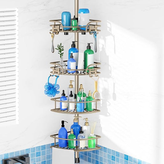 HAMITOR Shower Caddy Corner Tension Pole: 4-Tier Large Capacity Bathroom Organizer Shelves - Rustproof No-Drill Adjustable 47-123 inch Shower Storage for Renters, Home Bathtub Stand Rack, Tan Khaki