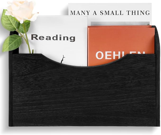 Suzile Wall Mounted File Holder Wood Magazine Holder Wall Hanging File Organizer for Office Mail Magazine Letter Paper Folder Organization (Black)