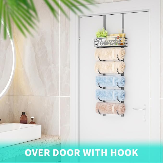 HapiRm Towel Racks for Bathroom Storage - 6 Tier Over The Door & Wall Mount Rolled Towel Storage Organizer Holder with Metal Shelf Basket for Small Bathroom, Camper, Rv - Sliver, Patented