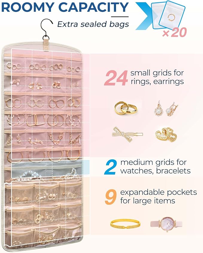 BAGSMART Hanging Jewelry Organizer, Necklace Holder Anti-tangle with 20 Jewelry Storage,1 Piece, Large Beige