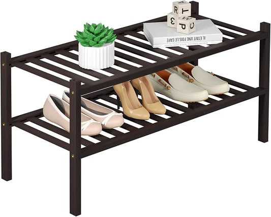 ROMGUAR CRAFT 2 Tier Bamboo Shoe Rack for Closet Free Standing Wood Shoe Shelf for Entryway Small Space Stackable 27"x11"x13" (Brown)