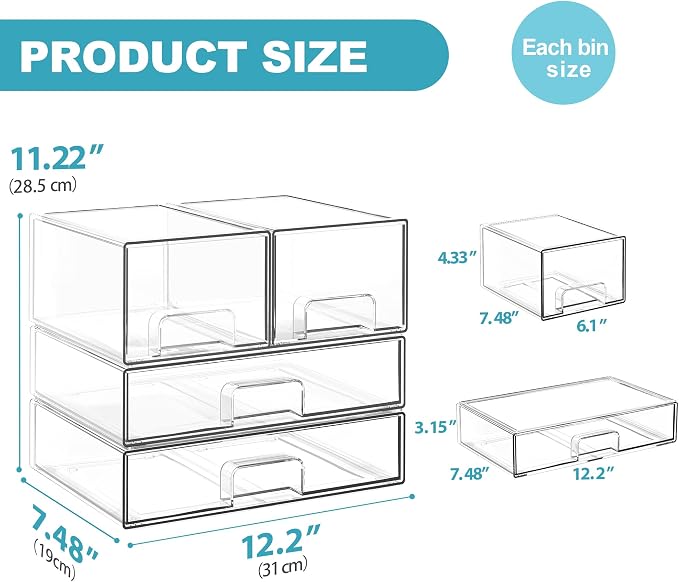 Stackable Storage Drawers, 4 Pack Clear Acrylic Makeup & Bathroom Organizer, Versatile Storage Bins for Vanity, Under Sink, Kitchen Cabinets & Pantry (4 Pack)