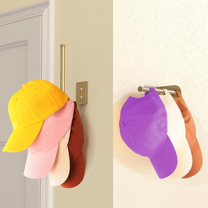 Durmmur Stainless Steel Hat Organizer, Hat Rack for Wall,Each Holds 15 Hats | 2P Strong Adhesive/Wall Drilled Hat Holder, Hat Hooks, Hat Hanger Baseball Cap Organizer for Door,Bedroom,Closet(Gold 6 in)