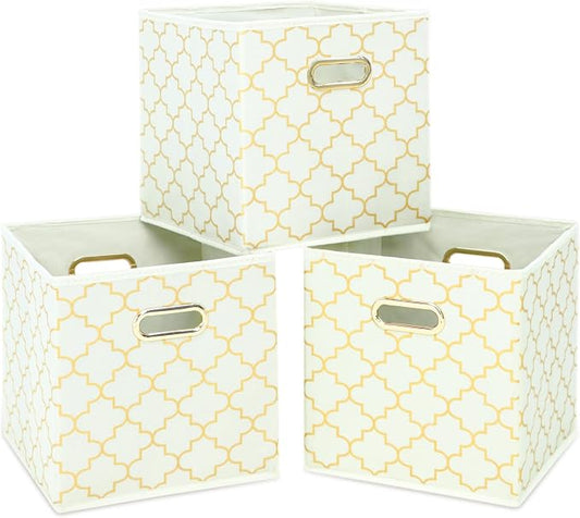 Fabric Cloth Storage Bins,Fabric Cube Organizer with Dual Handles Foldable Cube Storage Baskets for Home Bedroom Storage,Set of 3,(Creamy-White Gold)