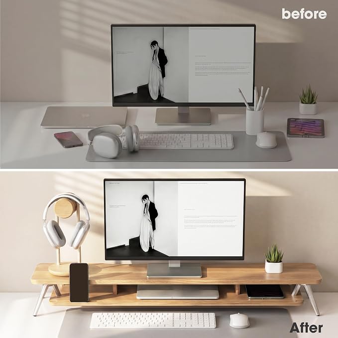 Fenge Dual Monitor Stand Riser, Wooden Desk Shelf with 2-Tier Storage | 42.5-Inch Wide, Sturdy Aluminum Legs, Built-In Phone & Tablet Slot, Desktop Organizer for Office Accessories