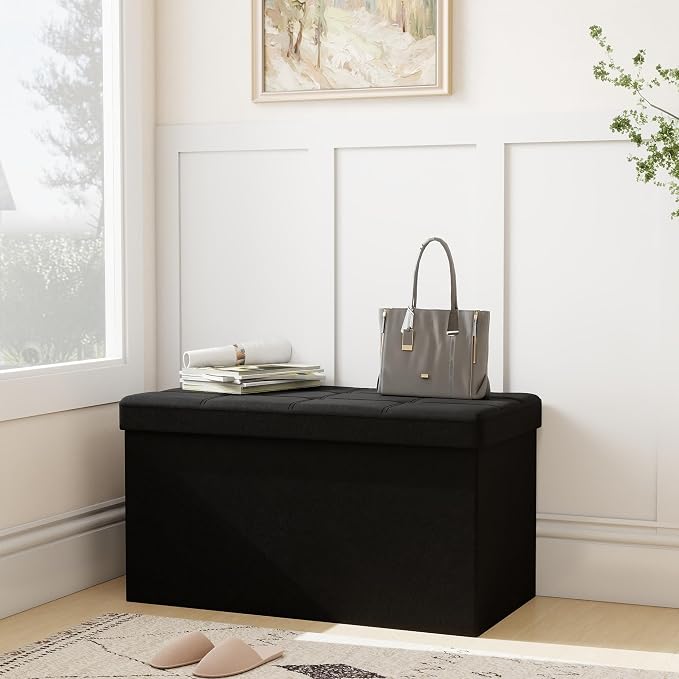 KROFEM 31.5" Folding Storage Ottoman Bench,Rectangle Foot Rest Stool for Living Room and Bedroom Holds 660 lbs,Synthetic Leather,Black
