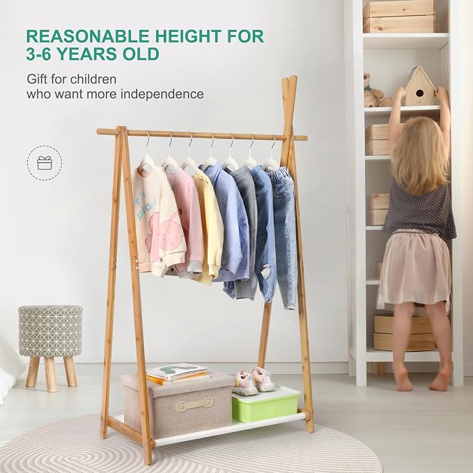 Jotsport Bamboo Kids Dress Up Rack Foldable Design with Fabric Storage | Small Kids Clothing Rack Toddler Wardrobe Closet for Play Room, Nursery, Baby Shower