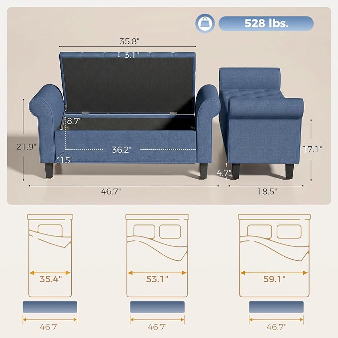 HOMCOM 47" Ottoman wih Storage End of Bed Bench with Rolled Arms Blue | Long Ottoman with Storage Chest, Safety Hinge, Wooden Legs, Upholstered End of Bed Bench, Bedroom Entryway Living Room