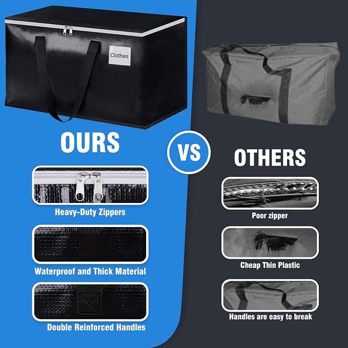 Heavy Duty Moving Bags, Extra Large Storage Bags, 76L, 4-Pack, Black | Foldable, with Zippers, Tag Pocket & Handles, Reusable, Space-saving, Water-Resistant, for moving & storage, Versatile Use