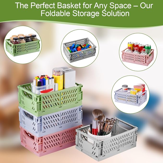 HUUSMOT 4-Pack Collapsible Plastic Storage Baskets, Green, 9.8"x6.5"x3.8" | Pastel, Space-Saving, Collapsible Plastic Bins, Cute Mini Storage Crates, for Classroom, Kitchen, Office, Bedroom