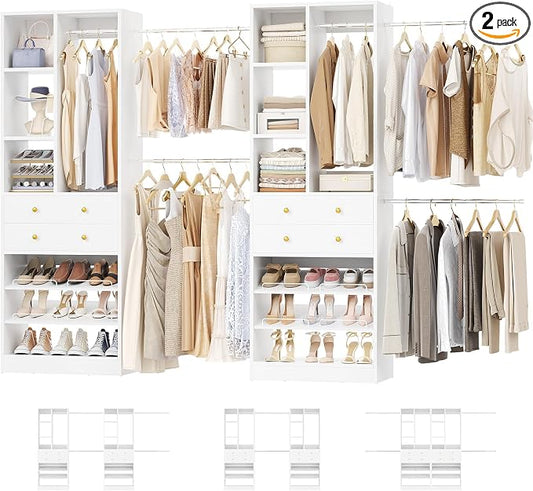 Besiost Closet System, Up to 134"/11.2 FT Closet Organizer with 4 Wooden Drawers and Shelves, Walk-in Closet System with 6 Hanging Rods, Built-in Closet Can Fit 96"/8FT, 120"/10FT, White Set 2