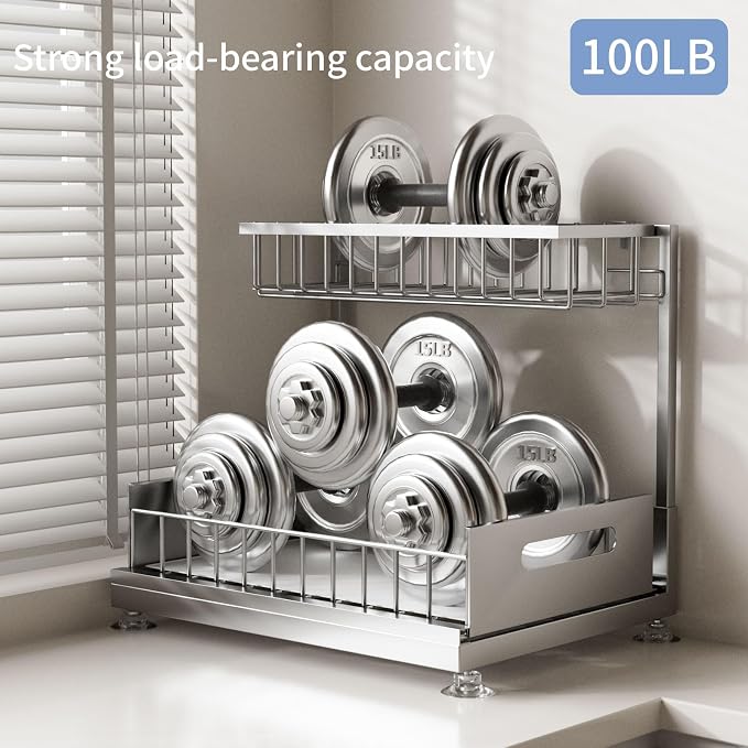 Saydear L-Shaped Under Sink Organizer, 2-Tier Pull-out Cabinet Rack 1-Pack | Grey Height-Adjustable Steel Rack, Sliding Grid Drawers with PP Liners, Holds 100 Lbs, Suction Base, Ideal Kitchen Storage