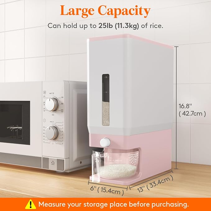 Lifewit 2 Pack Rice Dispenser 25 Lbs(11.3kg), Rice Storage Container Sealed Moisture Proof with Measuring Cup for Kitchen Pantry Household, BPA-Free, Pink