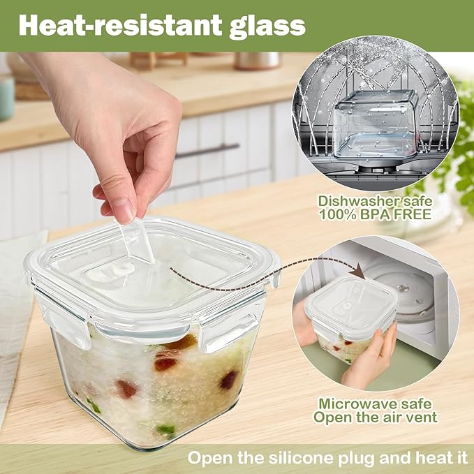 Borosilicate Glass Soup Containers with Lids, 4 Cup/32 oz, 4 Pack | Microwave Dishwasher Oven Freezer Safe | Airtight Leak Proof | Food Grade | Square Soup Meal Prep | Lunch | Food Storage Set