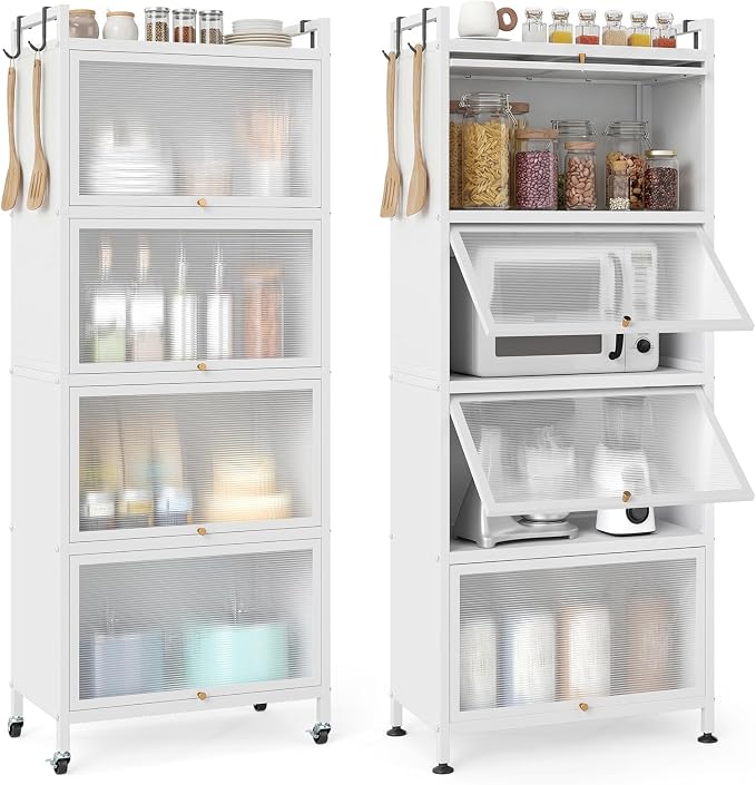 Giantex 5-Tier Kitchen Storage Cabinet, Freestanding Metal Pantry Cabinet w/ 4 Flip-up PC Doors, 4 Hooks & Adjustable Feet, 60” Tall Bakers Rack Microwave Stand for Dining Room, Living Room, White
