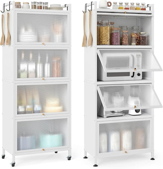 Giantex 5-Tier Kitchen Storage Cabinet, Freestanding Metal Pantry Cabinet w/ 4 Flip-up PC Doors, 4 Hooks & Adjustable Feet, 60” Tall Bakers Rack Microwave Stand for Dining Room, Living Room, White