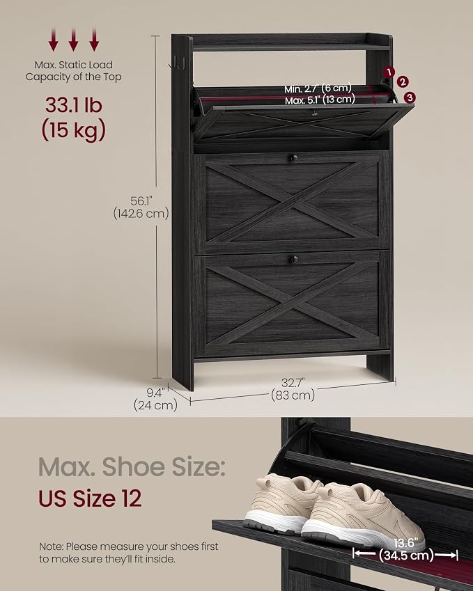 VASAGLE Shoe Storage Cabinet Organizer with 3 Flip Drawers, Freestanding Narrow Shoe Rack Cabinet for Entryway, Farmhouse Style, Fits 14 to 16 Pairs, Smoky Black UHSC303BJ01